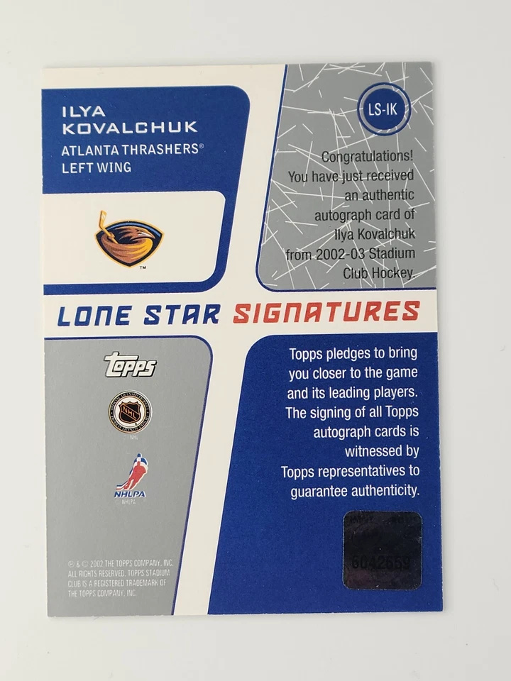 2002-03 Topps Stadium Club Lone Star Signatures Blue Ilya Kovalchuk #LS-IK Auto - Image 2 of 2