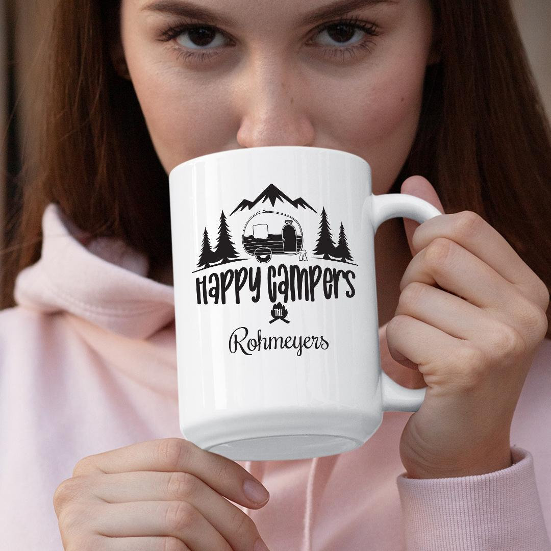 Happy Campers Personalized Coffee Mug Or Teacup.the Perfect Gift To Celebrate