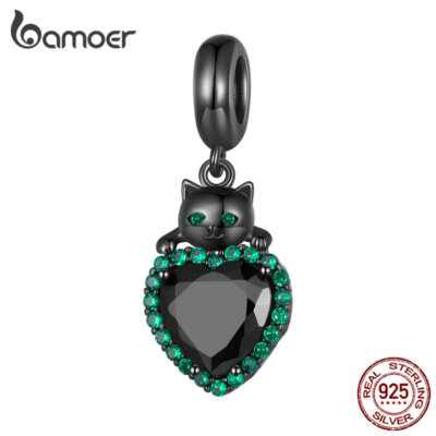 BAMOER 925 Sterling Silver Black Cat Heart Bead Bracelet Charm Necklace Pendant 