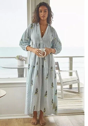 NWT Anthropologie Women size XXS Printed Boat Pattern Tiered Maxi Shirt Dress