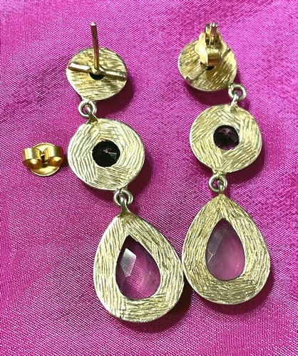 GORGEOUS VINTAGE GEM AMETHYST & PINK QUARTZ GILDED DANGLE EARRINGS - Picture 4 of 4