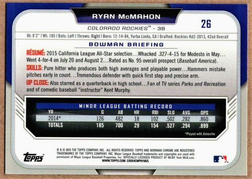 RYAN MCMAHON - 2015 BOWMAN CHROME DRAFT SKY BLUE REFRACTOR RC - Picture 2 of 2