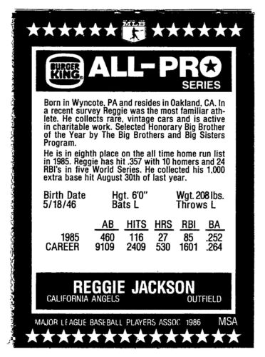 1986 Burger King 12 Reggie Jackson California Angels Hof Msa All Pro Card - Bild 2 von 2