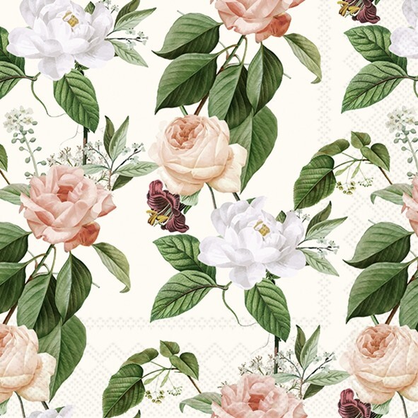 4 x Single Napkin/3-Ply/33cm/Decoupage/Flowers/Roses in Apricot & White/on Cream
