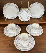 Antique Old Paris Porcelain Empire Style Turquoise Pink Rose Cups Saucers Plates
