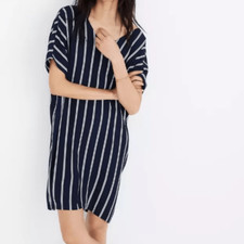 Madewell Women's Sz Small Striped Navy White Plaza Dress Button Back Reversible