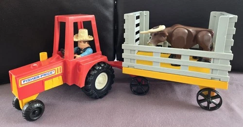 VTG Fisher Price 1980 Husky Helper Farm Set Tractor Bull Farmer #331 Complete