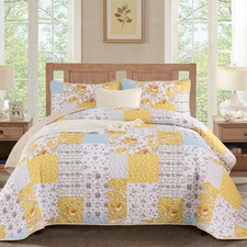 Yellow Patchwork Quilt Set Queen Size Boho Floral Plaid Bedspread Coverlet Set,