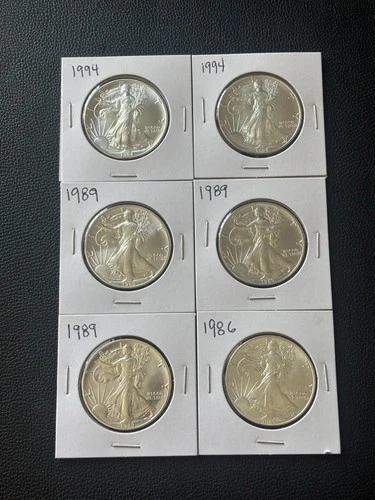 American $1 Silver Eagle 1oz .999 Lot (6) Uncirculated Coins 1986 -1994 nice mix