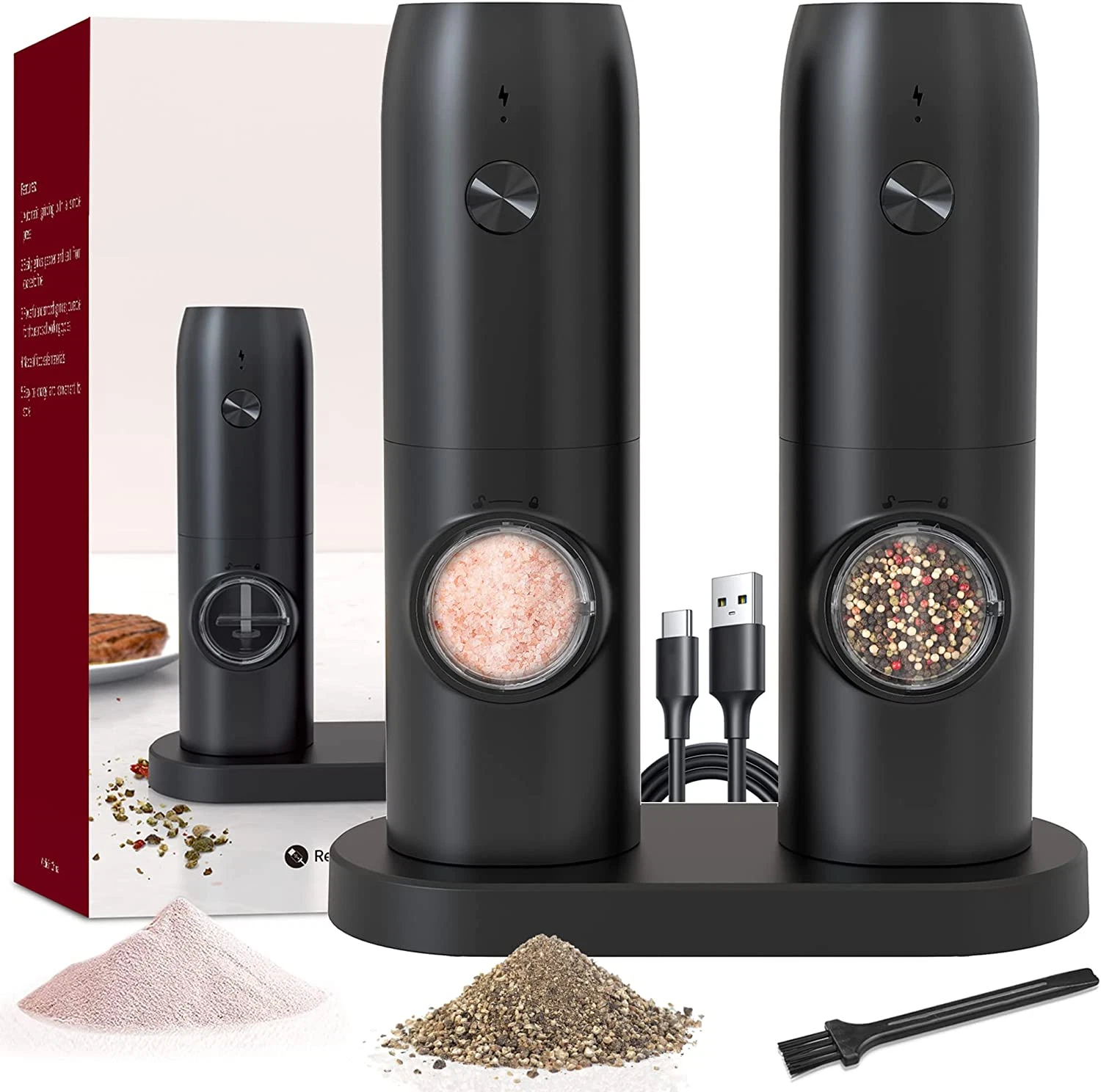 Electric Salt and Pepper Grinder Set of 2, Automatic Pepper Mill,Usb Rechargeabl