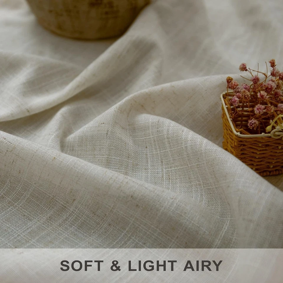 Flax Linen 96" Sheer Curtains - 2 Panels Tan Beige - Image 4 of 4