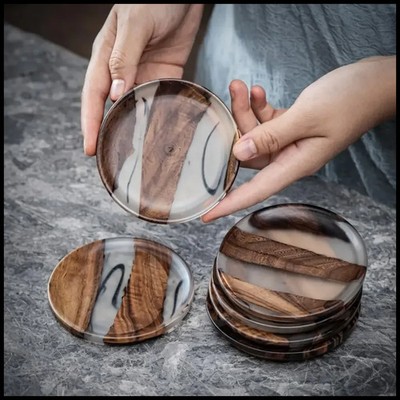 Premium Handcrafted Walnut Wood Resin Coasters 4mm Thick Circle Set Home Decor