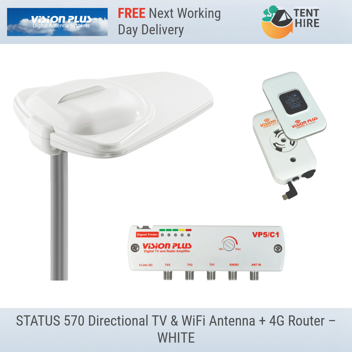 STATUS 570 Omni-Directional TV & 5G WiFi Antenna + 4G Router Full Set Up – WHITE