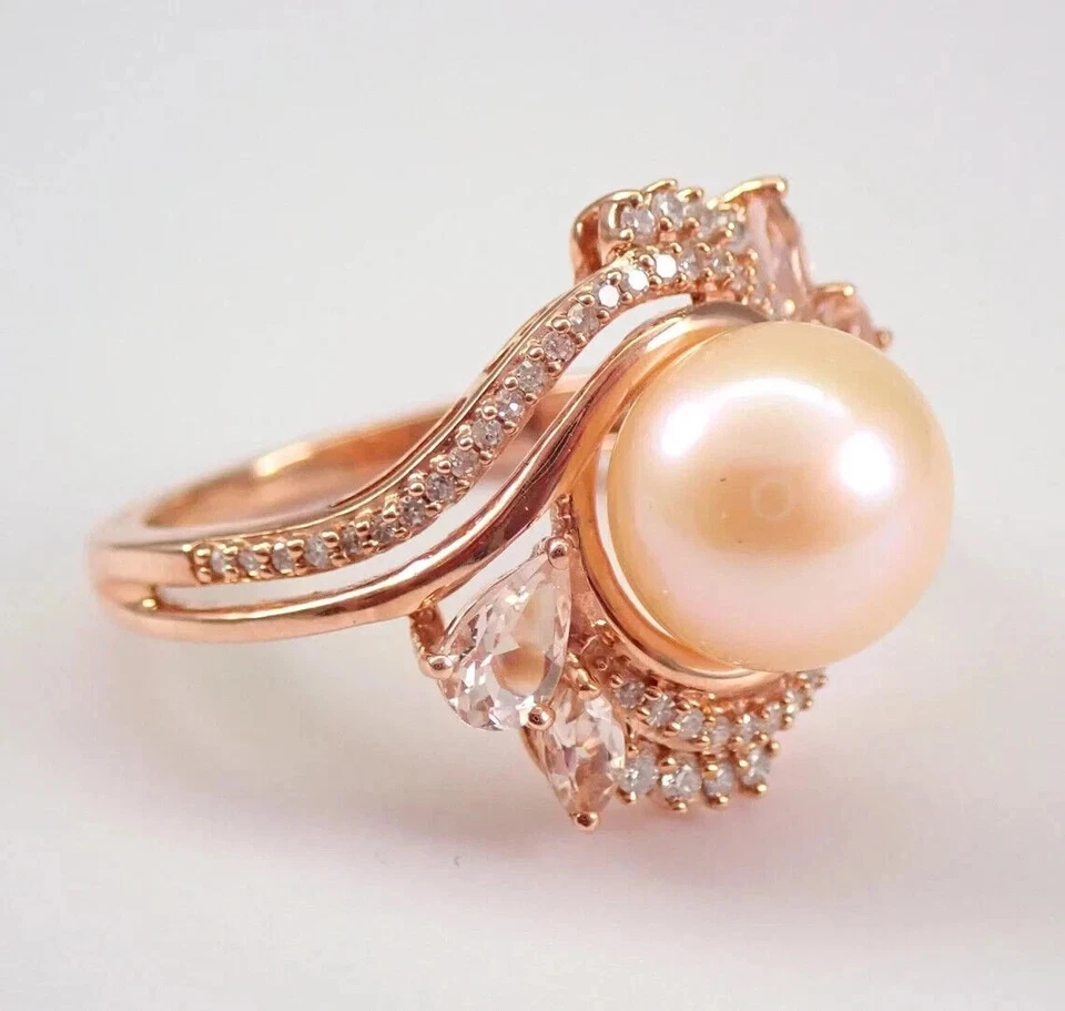 Anillo de compromiso de perlas rosas genuinas 4 quilates creado en laboratorio acabado en oro rosa 14K Foto 3 de 4