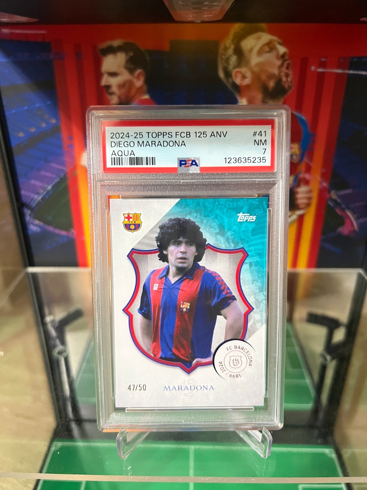 24-25 Topps Barcelona 125 Anniversary Legacy Base Aqua /50 Diego Maradona PSA 7 view 3