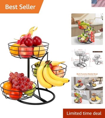 Fruit Basket Bowl with Banana Hanger 3-Tier Metal Storage Stand Kitchen Count...