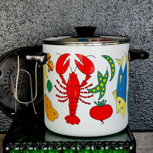 Vtg 1970s MCM San Ignacio Nantucket Enamel Lobster Stock Pot w Lid & Insert READ