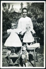 sisters w huge strange doll, , unusual, Vintage fine art Photograph, 1930 s