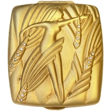 1990s Vintage Estee Lauder Powder Compact Art Deco Golden Virgo Rhinestones