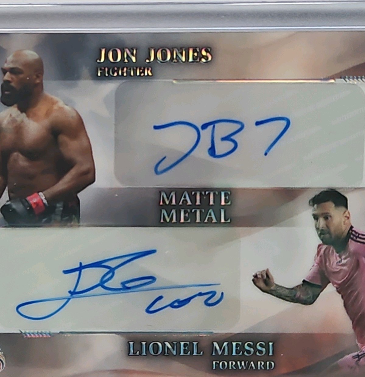 True 1/1 Lionel Messi And Jon Jones Dual Auto 2026 Matte Metal 250 view 3