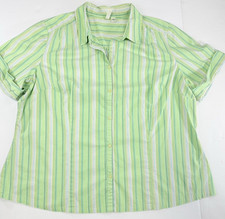 St Johns Bay Women Green Striped Short Sleeve Cotton Button Down Shirt SZ 2X