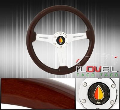 345mm Dark Wood Grain Silver Center Steering Wheel + Jdm Koreisha Mark Button