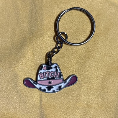 Vtg Cowgirl Hat  BITCH  Keychain / Purse Charm Pink And Cow Print Alloy Used