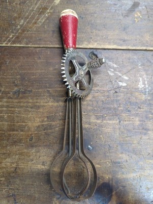 Vintage A&J Red Handle Egg Beater Crank Mixer Kitchen Utensil Decor USA