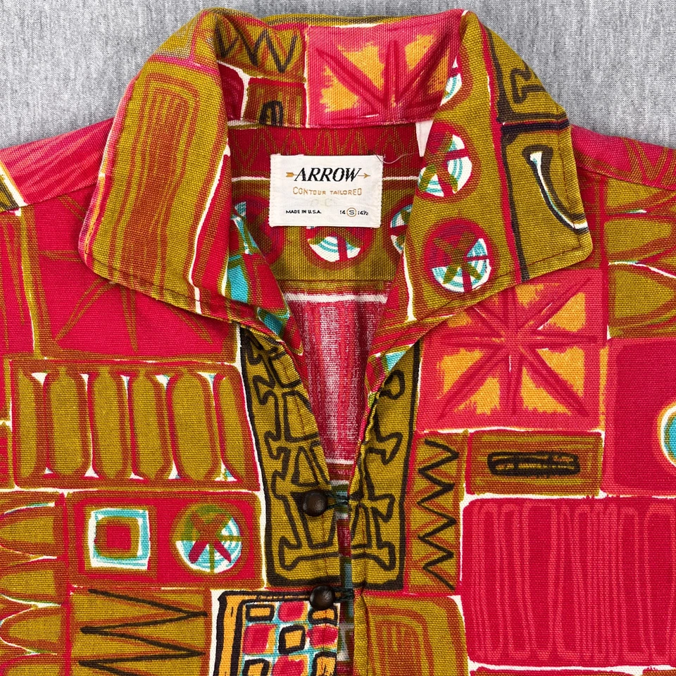 Vintage Arrow Tiki Shirt Mens S Red Abstract Midcentury Spread Camp Collar USA - Image 3 of 4