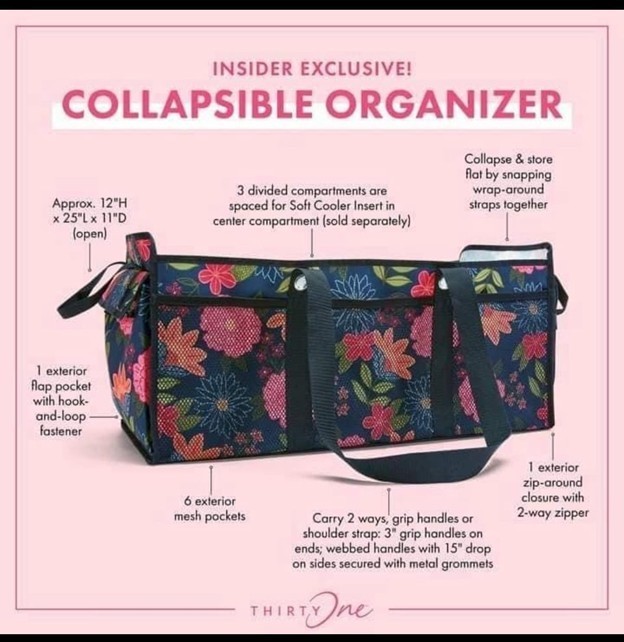 THIRTY ONE BAGS Collapsible Organizer Navy Blue Pink Fuchsia Bright Blooms NIP