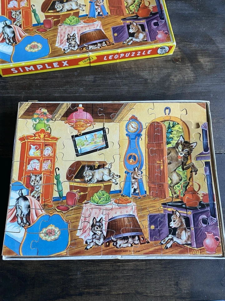 Vintage Simplex Plywood Jigsaw Puzzle Big Bad Wolf 7 Goats - Complete - Image 3 of 4