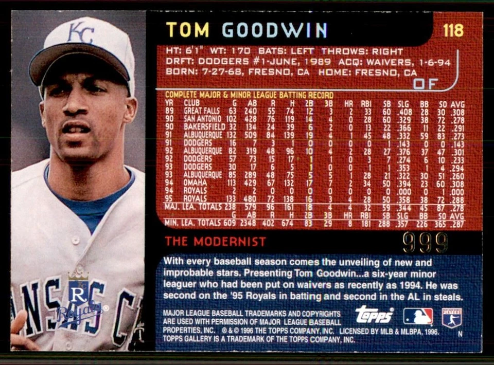 1996 Topps Gallery Player's Private Issue #118 Tom Goodwin Royals /999 - Image 2 of 2