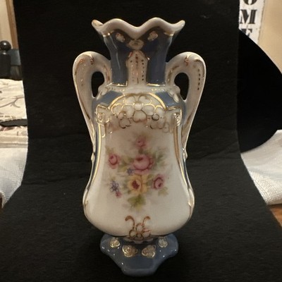 Vintage Royal Dux Bohemia Porcelain 5.5''  Vase 2 Handle Amphora Shape Gold Blue