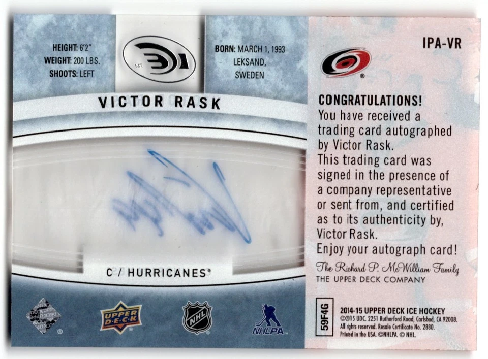 2014-15 Upper Deck Ice Premieres Victor Rask Rookie Auto #IPA-VR Carolina - Image 2 of 2