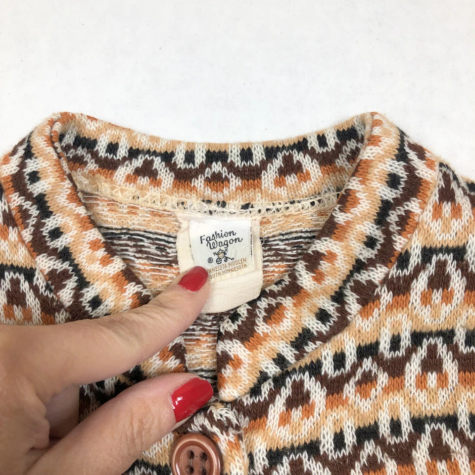Vintage 1960s Fashion Wagon Womens Cardigan Sweater Retro Print Orange Brown Top - Image 3 of 4