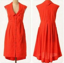 Anthropologie Post Mark Four Corners Dress Sz 4 Button Front Embroidered Orange 
