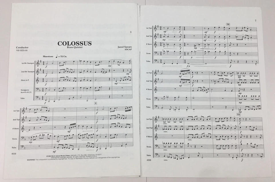 Colossus Brass Quintet Trumpet Trombone Horn Tuba Sheet Music By Jared Spears - Image 2 of 4