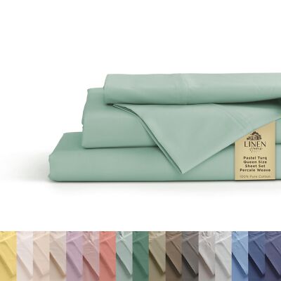 100% Cotton Percale Sheets Queen Size, Pastel Turk, Deep Pocket, 4 Pieces She...