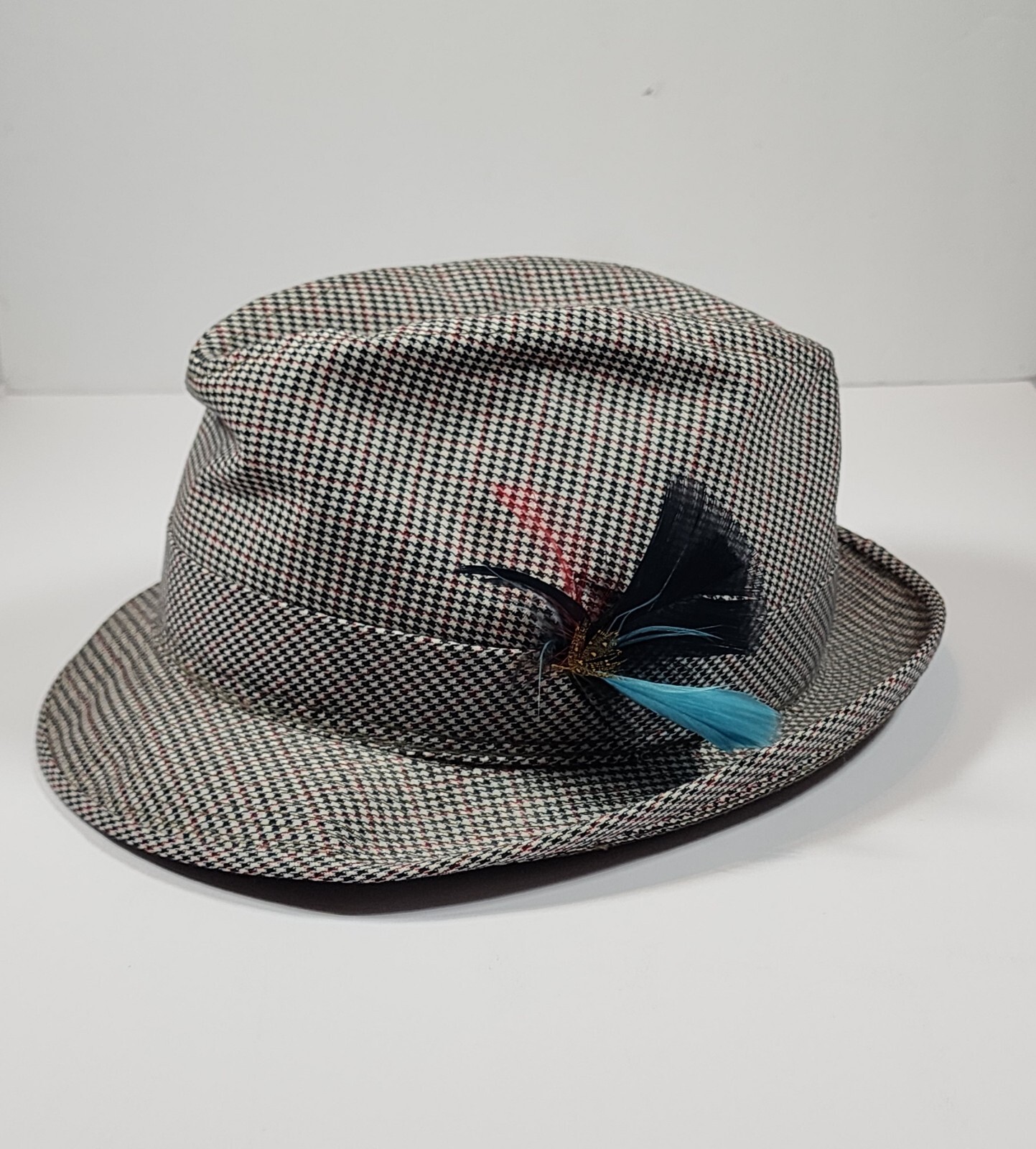 Vintage Wool Tweed Fedora Hat for Men with Feathers Large Trilby Houndstooth-image