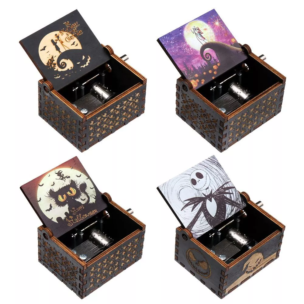 Nightmare Before Christmas Engraved Wooden Music Box Hand Crank Musical  Boxes