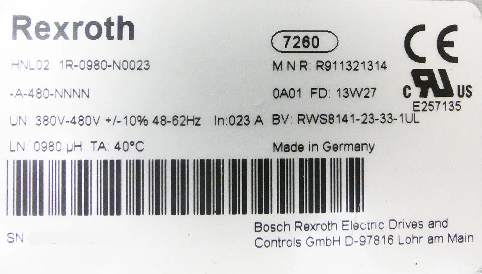 Acelerador de red REXROTH HNL02.1R-0980-N0023-A-480-NNN MNR:R911321314 -usado- Foto 4 de 4