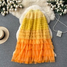 Lady Elastic Waist Tulle Skirt Layered Tutu Mesh Tiered Gradient Rainbow Fashion