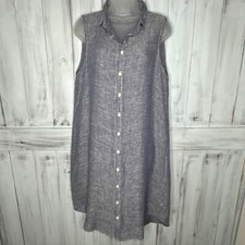 WOMENS CP SHADES BLUE HATCHED 100% LINEN BUTTON UP SLEEVELESS MIDI SHIRT DRESS S