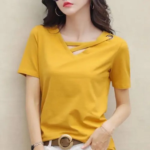 Women Cross V Neck Short Sleeve Loose T-shirts Casual Female Korean Solid Color - Bild 25 von 31