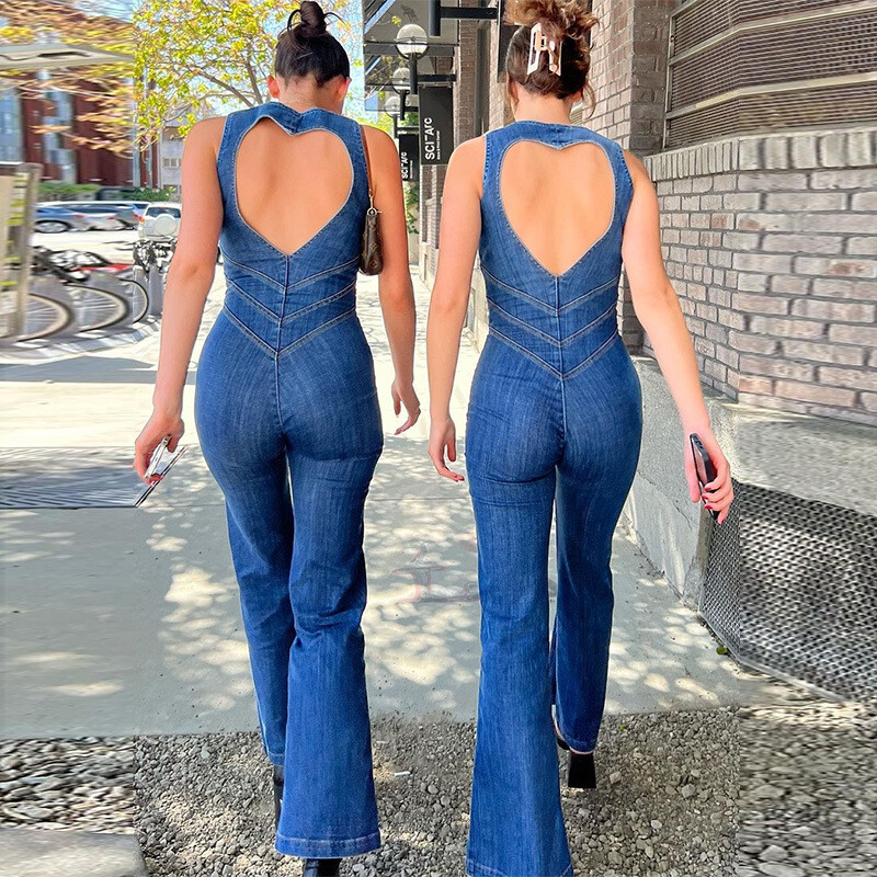 Women Slim Heart-shape Backless Denim Jumpsuit Halter Neck Zip Up Heart Neck Denim Salopette