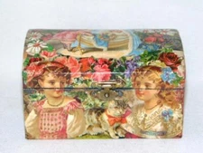Vintage Chintz Victorian Children Scraps Decoupage DOME TOP Wood Trunk Box