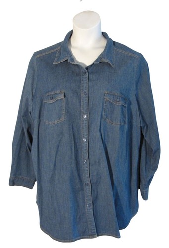 Denim & Co 3X Blue Jean Denim Button Down Shirt Stretch