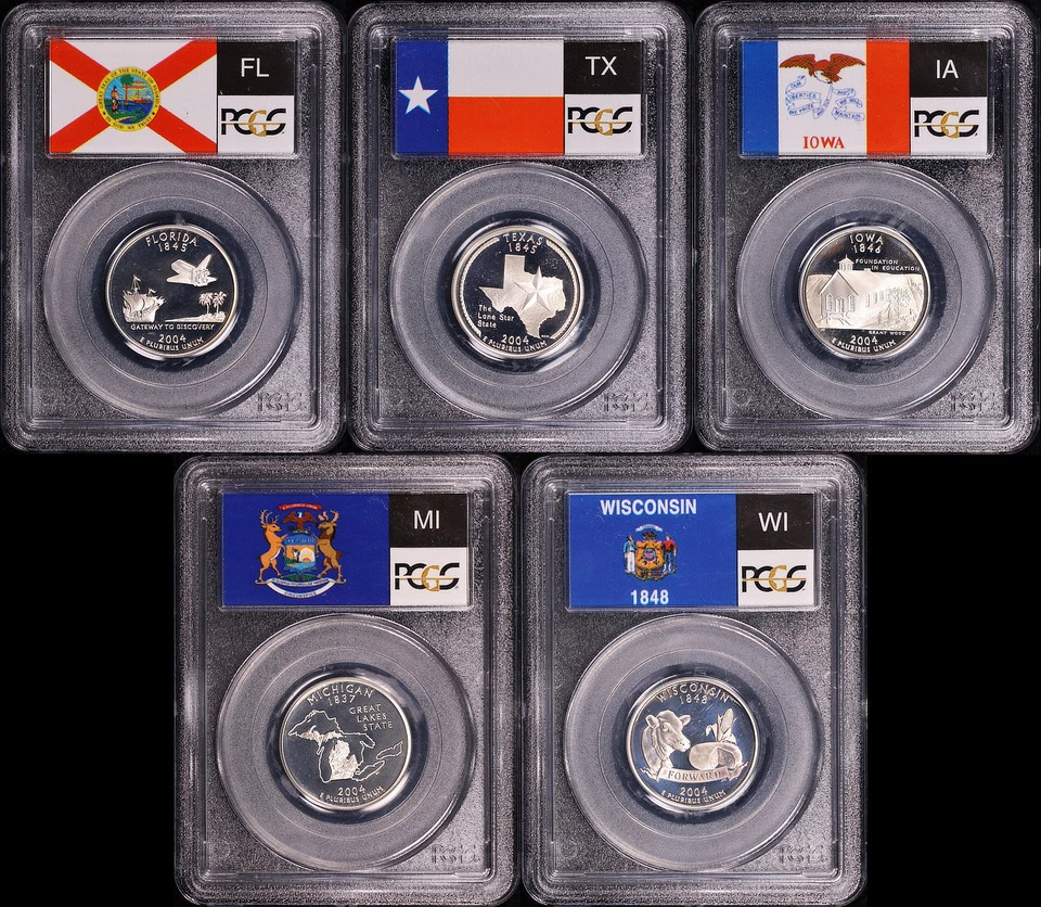 2004-S FL, TX, IA, MI, & WI Silver State Quarter 5 Coin Set PCGS PR-69 DCAM - Image 2 of 2