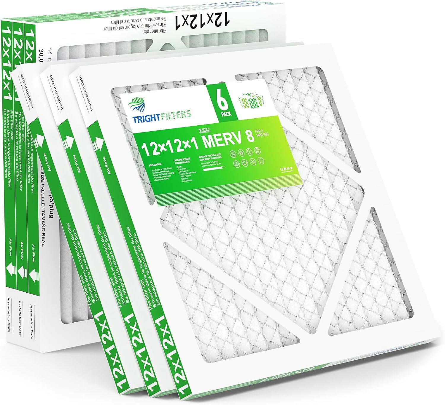 Trightfilters 12x12x1 MERV-8 Air Filter Pleated for Home HVAC AC Furnace - 6pack