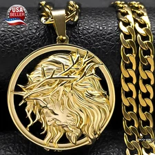 Mens Stainless Steel Jesus Face Crown Of Thorns Crucifix Pendant Necklace Medal